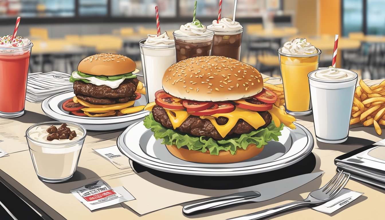 A table with a spread of Steak 'n Shake menu items, including burgers, fries, and milkshakes, with nutritional information displayed next to each item