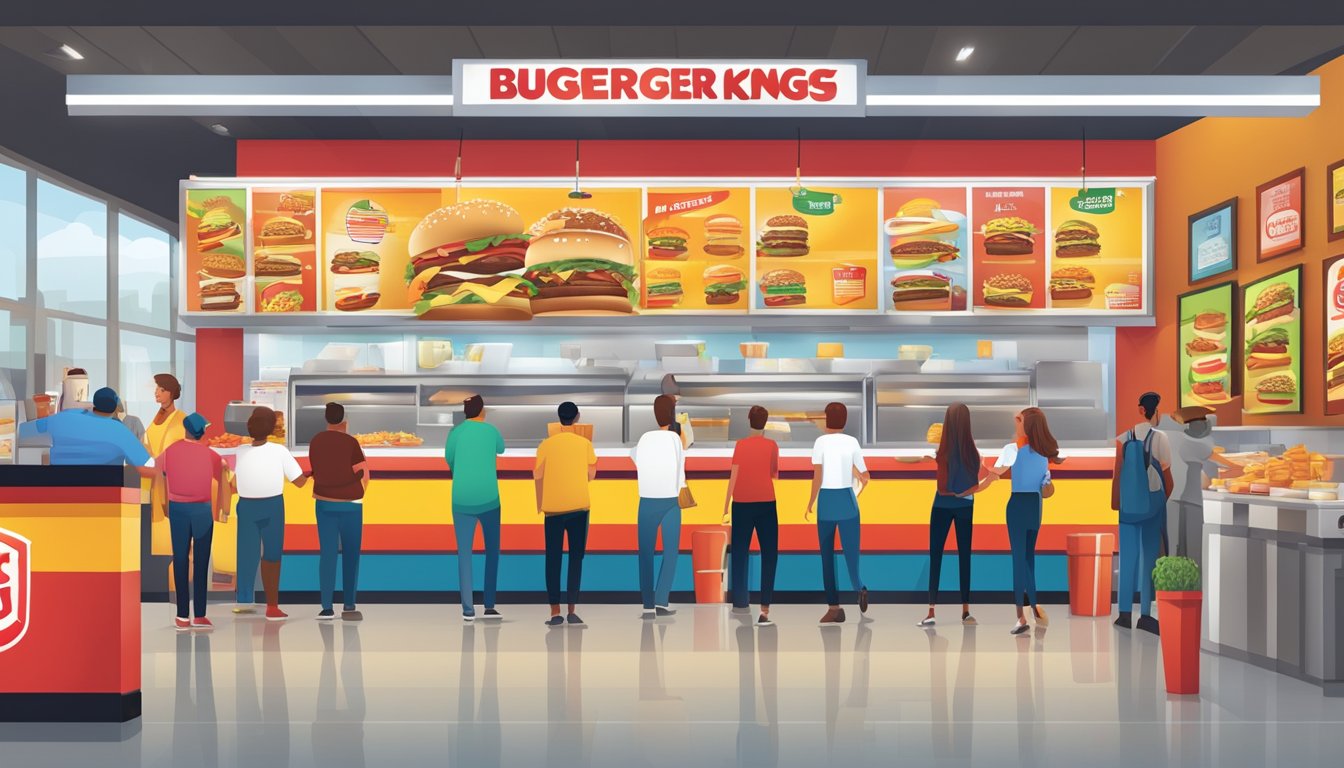 A bustling Burger King restaurant with a line of customers, colorful signage, and a menu board displaying various fast food items