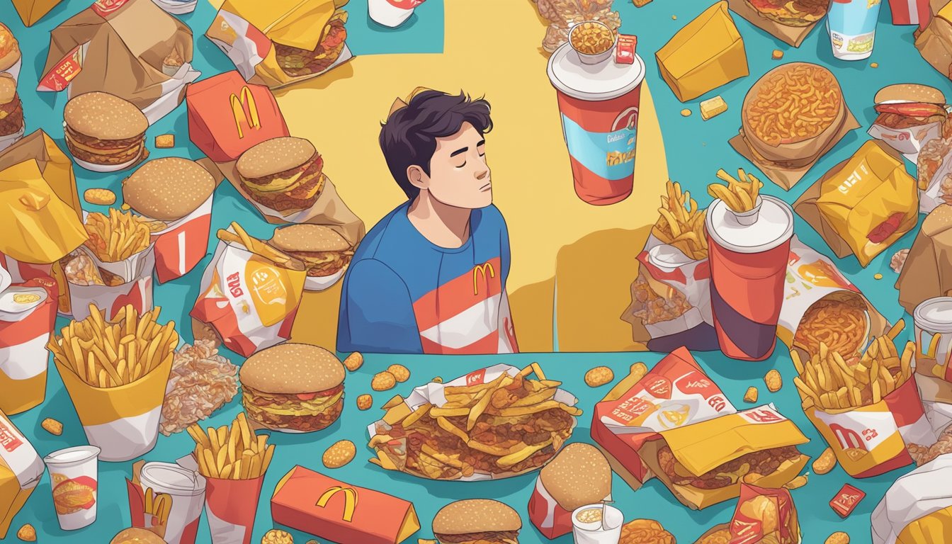 A person eating McDonald's while surrounded by unhealthy food wrappers and feeling unwell