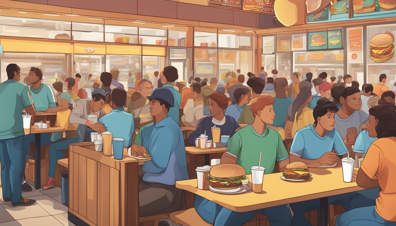 A crowded fast-food restaurant with greasy burgers and fries, soda cups, and a display of milkshakes. Customers are eating at tables or waiting in line