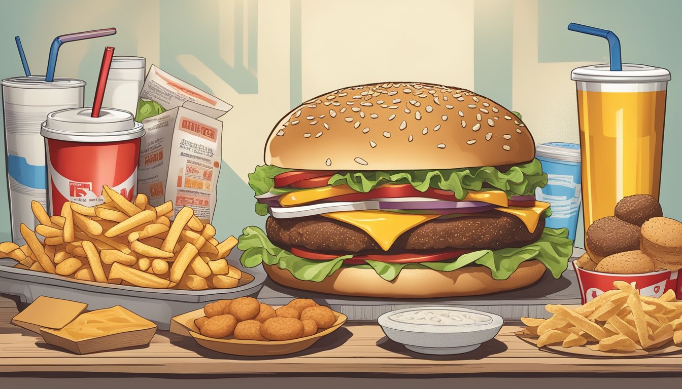 A greasy Burger King meal surrounded by high-calorie, high-fat foods, with a prominent nutrition label showing high levels of sodium and saturated fat