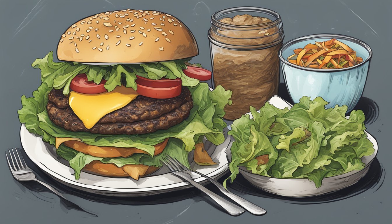 A greasy hamburger sits next to a wilted salad, contrasting unhealthy and healthy meal options