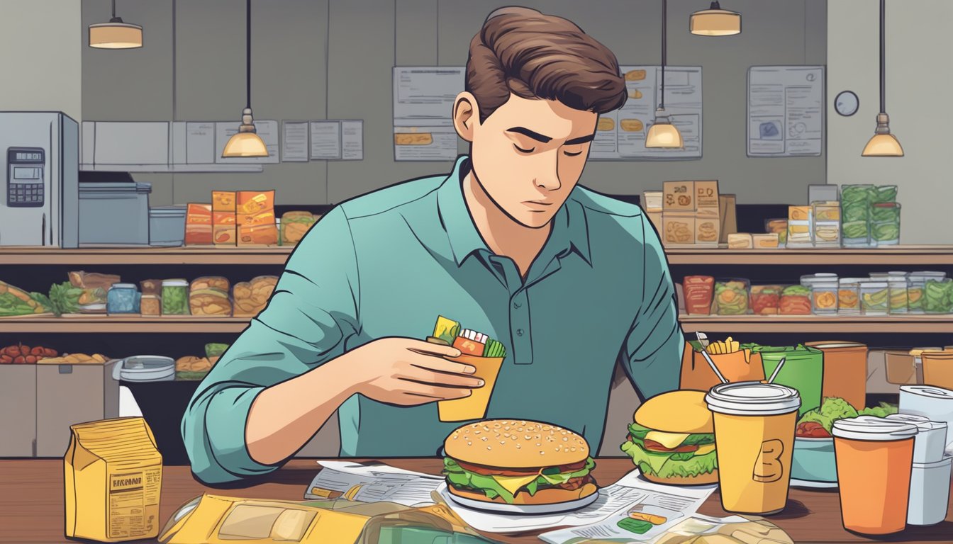 A person looking at a nutrition label while frowning, with fast food items and a calculator spread out on the table