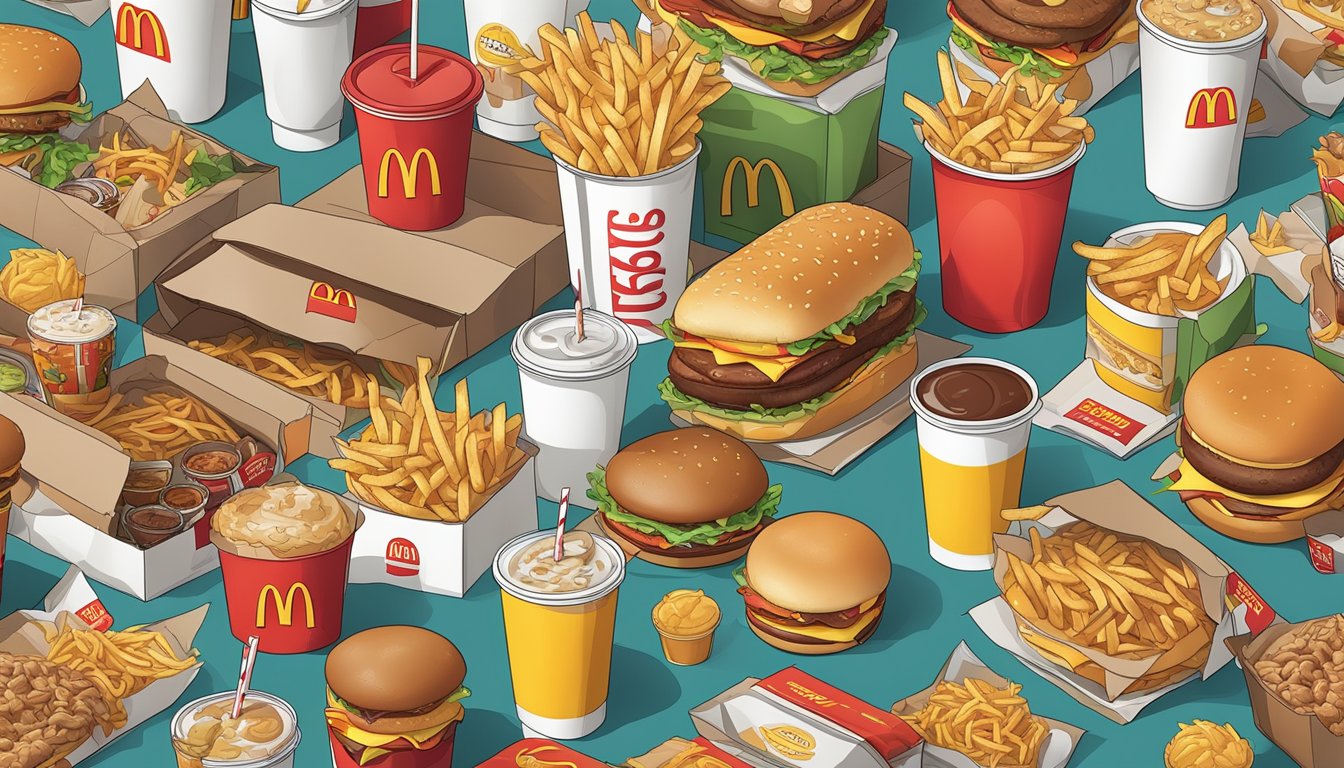 A crowded McDonald's restaurant with oversized food and drinks, surrounded by unhealthy fast food packaging and soda cups