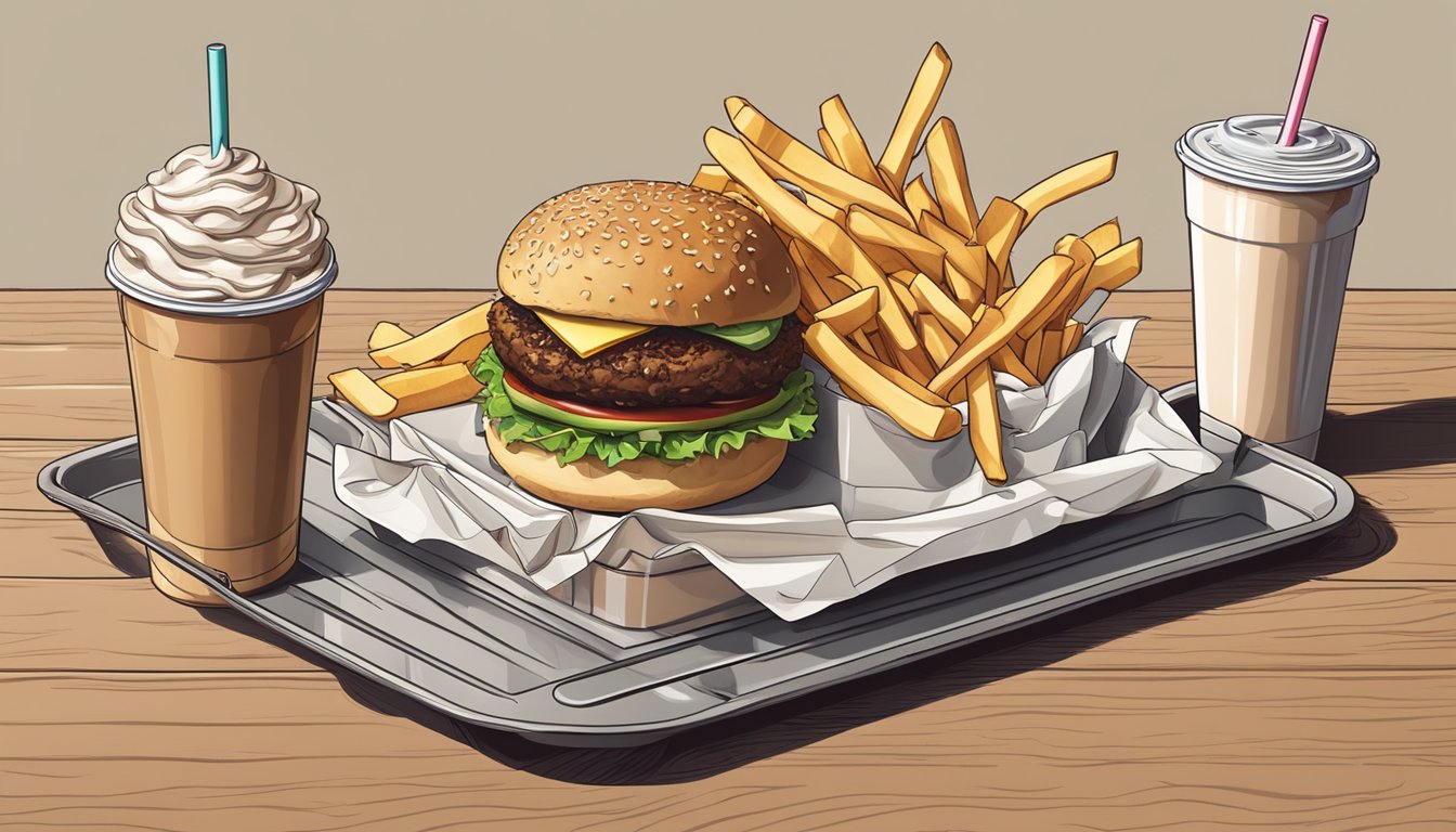 A greasy burger and fries sit on a tray next to a large milkshake. A pile of empty wrappers and cups litters the table