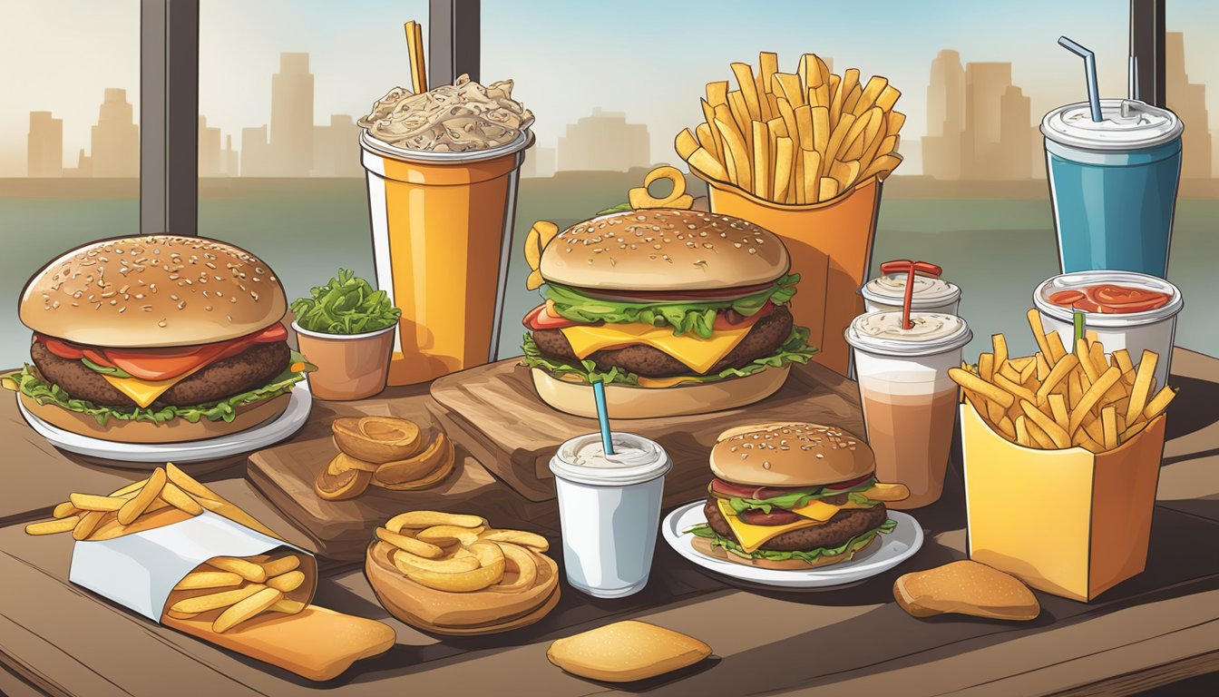 A table with a variety of fast food items, including burgers, fries, and shakes, with nutritional information displayed next to each item