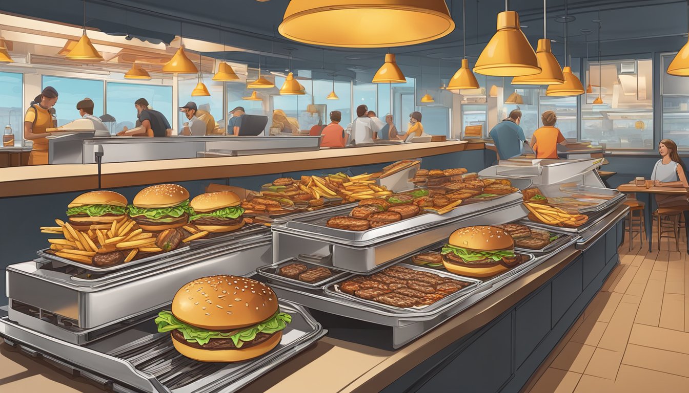 A crowded Habit Burger & Grill with greasy burgers and fries on trays