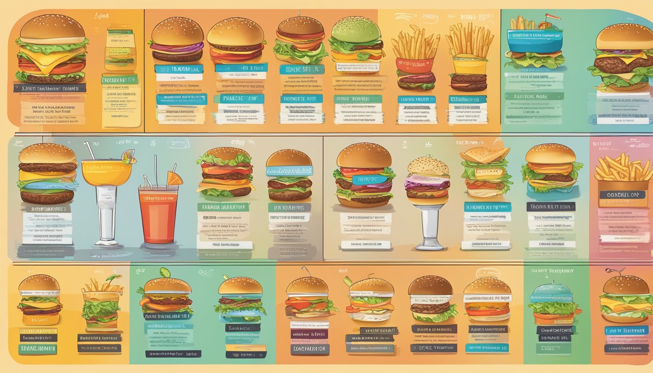 A colorful, vibrant menu board featuring a variety of burger options, sides, and drinks. Nutritional information is displayed next to each item