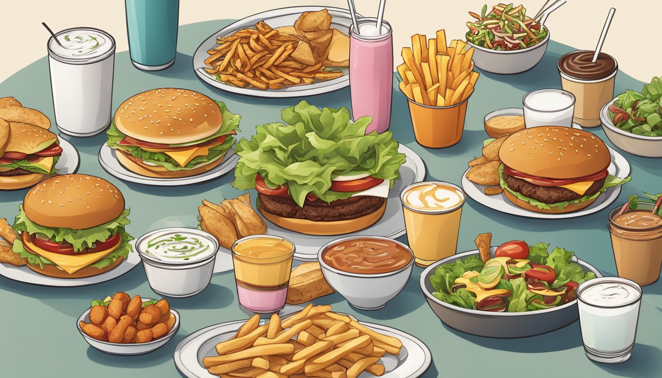 A spread of fast food items, with burgers, fries, and milkshakes, alongside a selection of healthier options like salads and grilled chicken