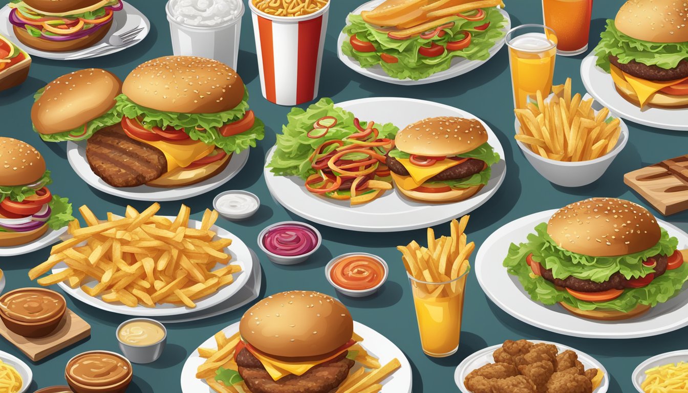 A table with a variety of fast food items, including burgers, fries, and sodas, alongside a selection of fresh salads and grilled chicken sandwiches