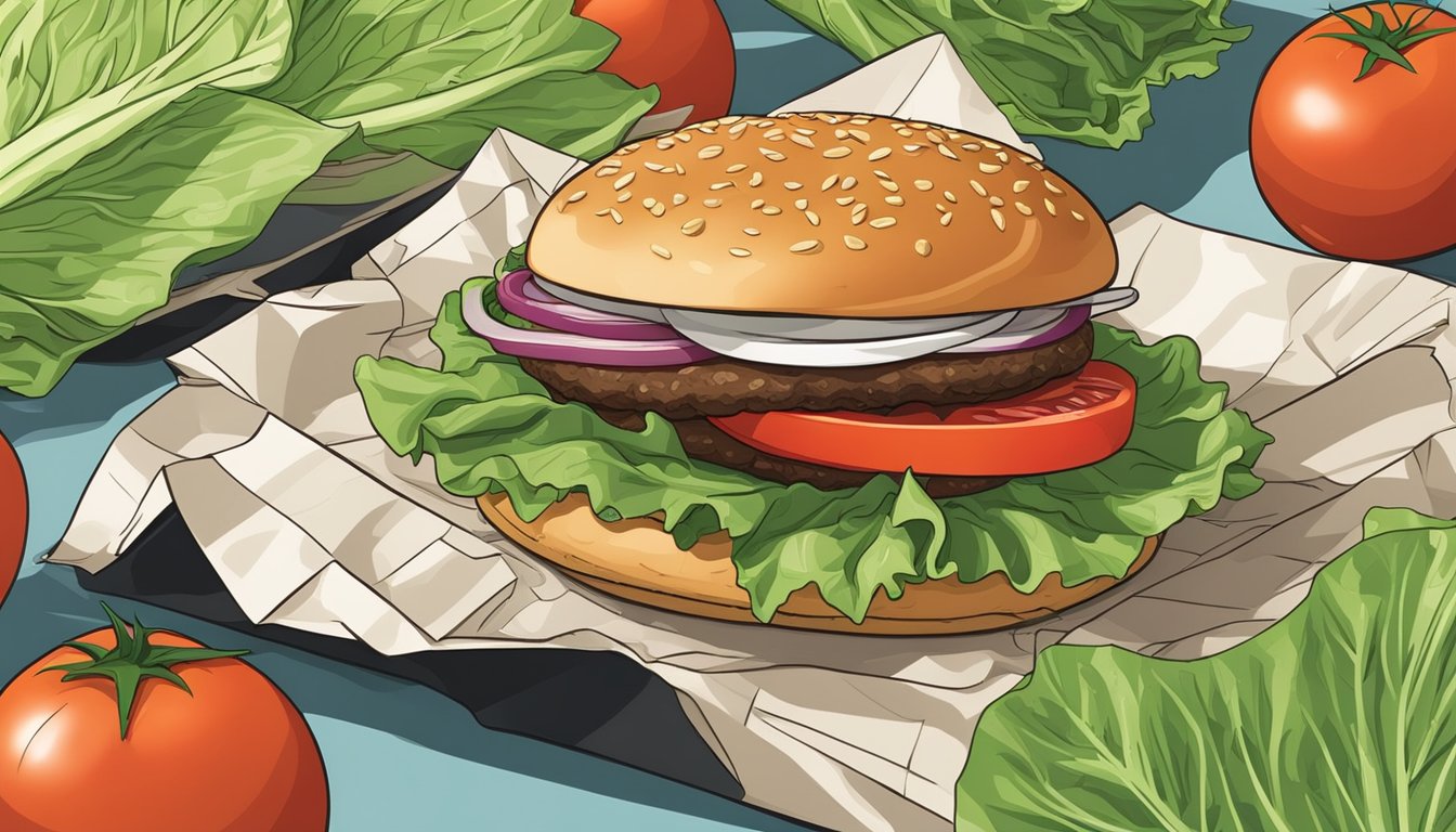 A greasy burger patty sits on a wilted lettuce leaf, while a tomato and onion slice are piled on top. A crumpled fast food wrapper is discarded nearby