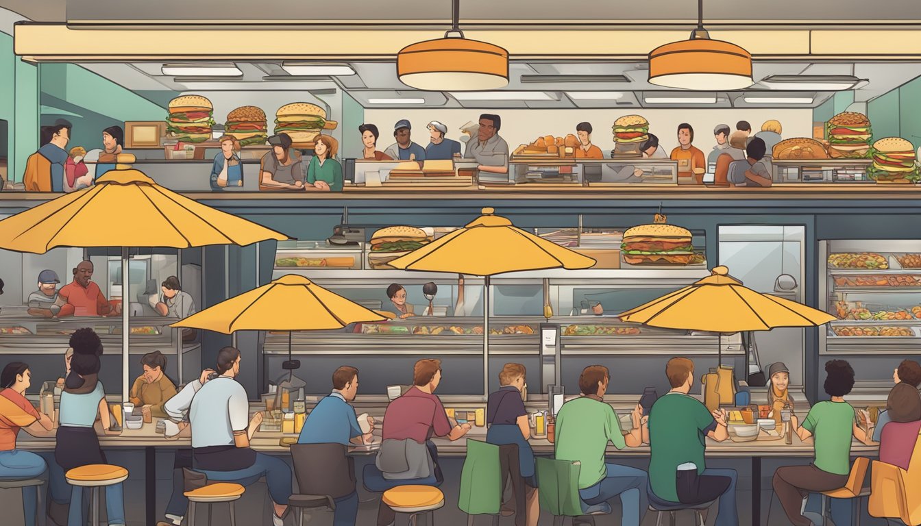 A crowded fast-food restaurant with a line of customers, greasy food on trays, and a prominent logo