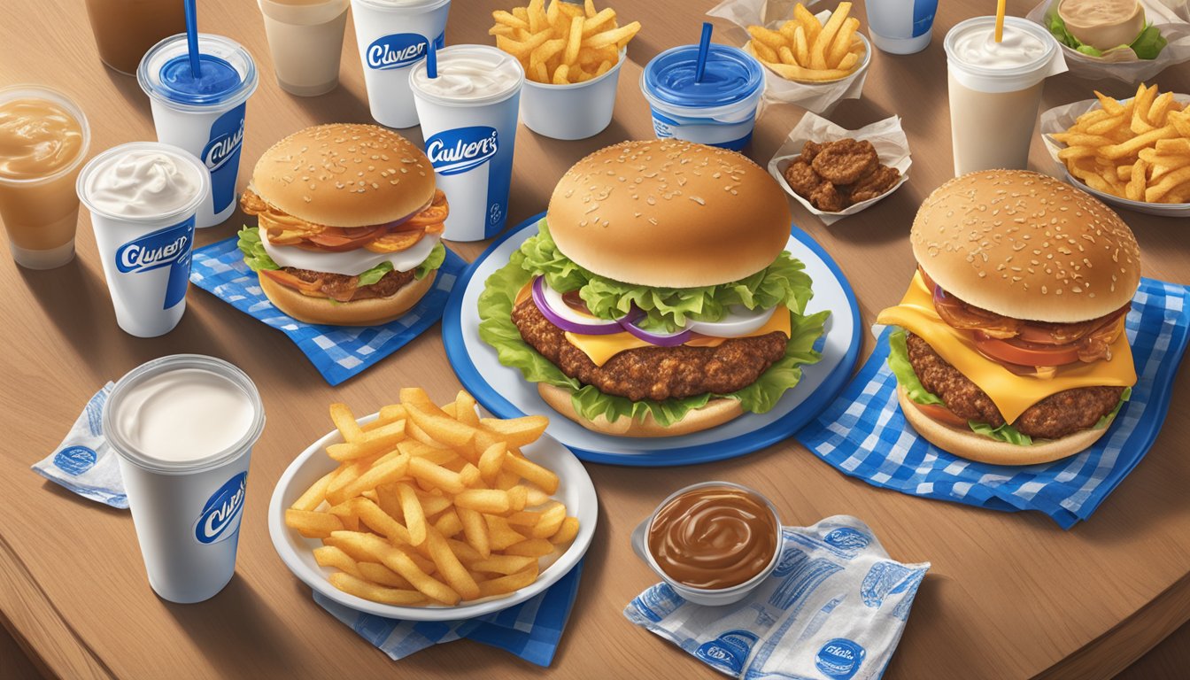 A table with a spread of fast food items from Culver's, including burgers, fries, and milkshakes, surrounded by discarded wrappers and napkins