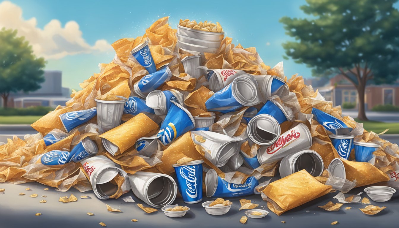 A pile of greasy, oversized fast food wrappers and empty soda cups overflowing from a trash can outside a Culver's restaurant