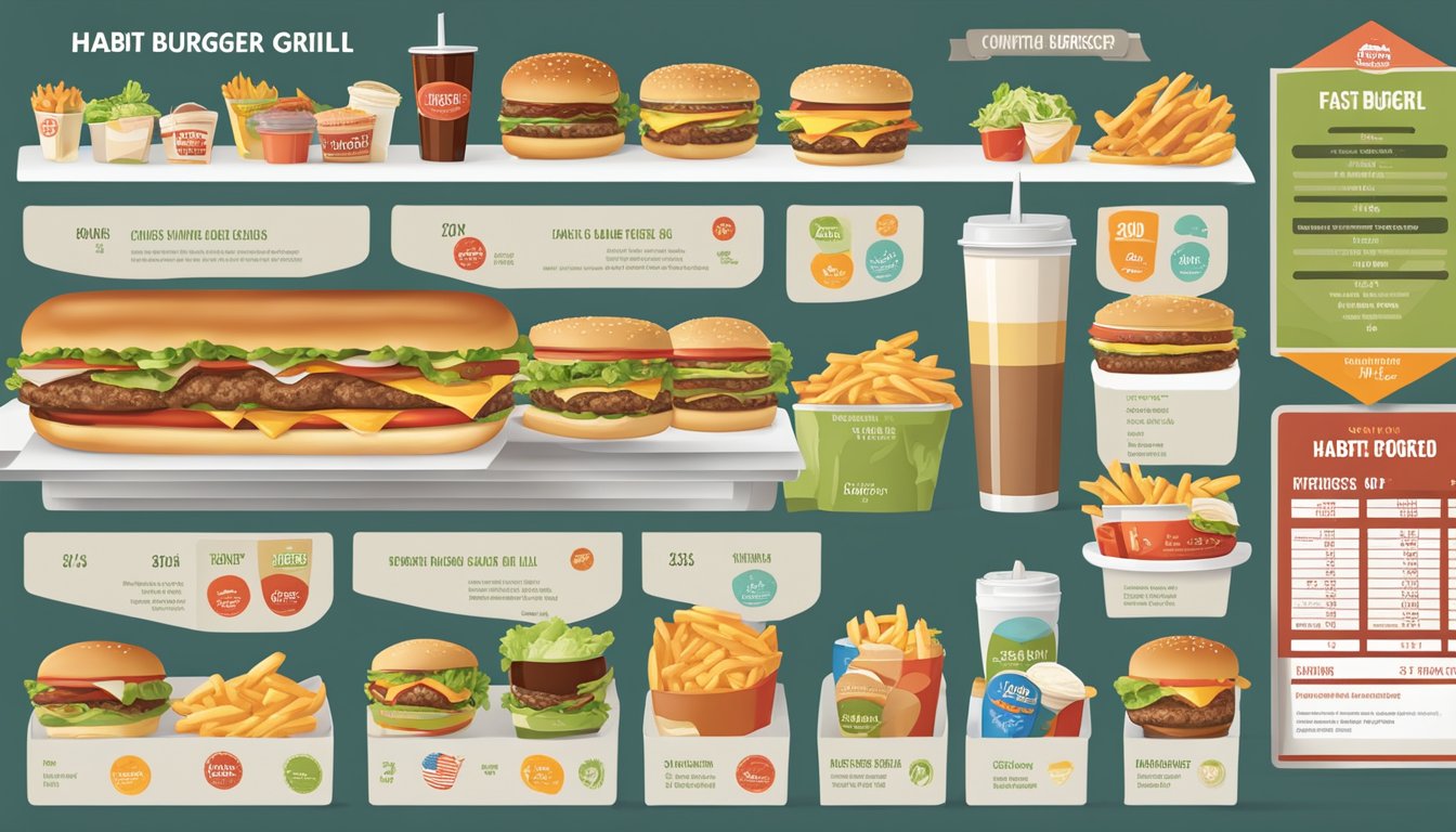 A table with fast food items from various chains, including Habit Burger & Grill, with nutrition labels and comparison charts