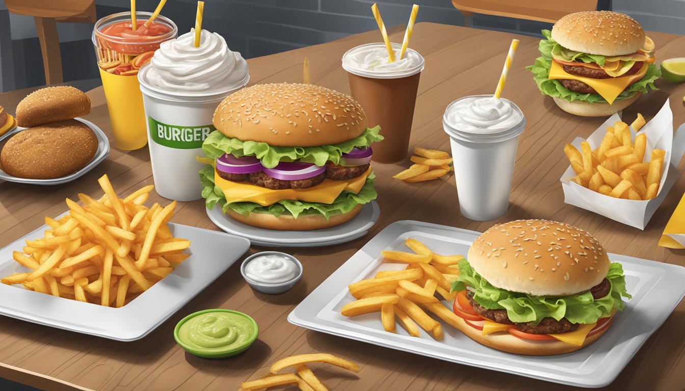 A table with a spread of fast-food items - BurgerFi burger, fries, and drink - alongside similar items from other chains