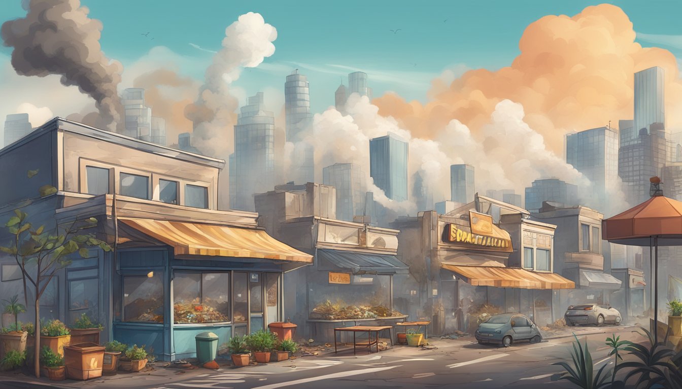 A polluted city skyline with a fast-food restaurant emitting smoke and waste, surrounded by litter and dead plants