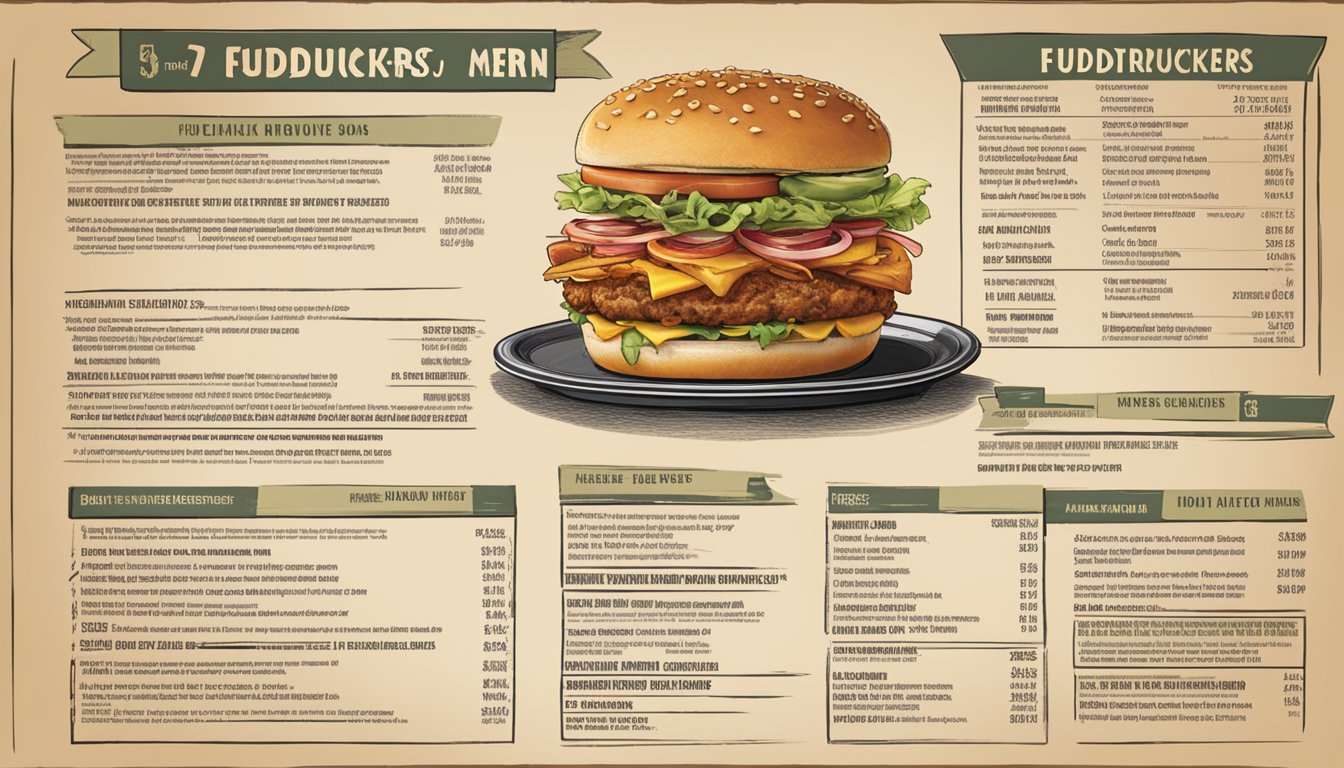 A table covered in Fuddruckers menu items, with nutritional information displayed next to each item