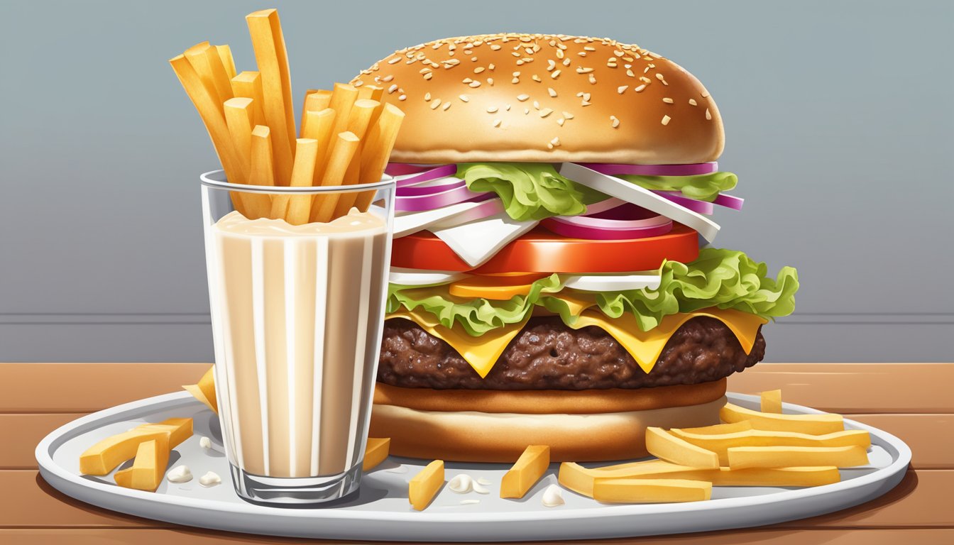 A juicy, stacked burger surrounded by crisp, golden fries and a side of creamy milkshake