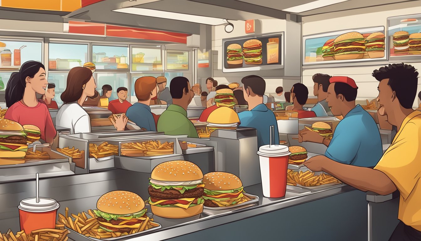 A crowded fast-food restaurant with oversized burgers and fries on trays, soda cups, and condiment dispensers