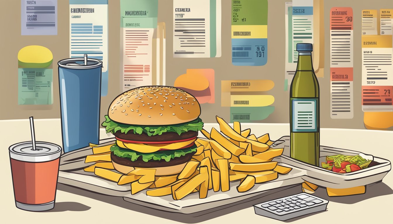 A table with a burger, fries, and drink, surrounded by nutrition labels and a calculator