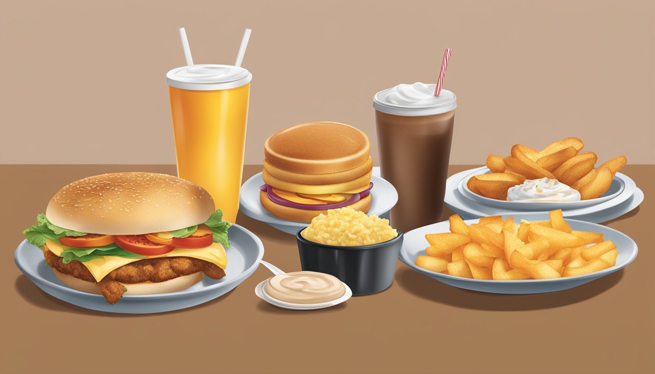 A table with a variety of breakfast items from Jack in the Box, including greasy sandwiches, fried potatoes, and sugary beverages