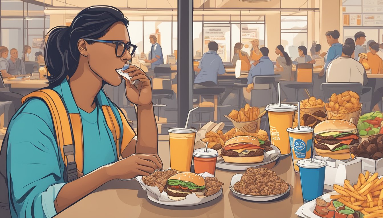 A person eating an Elevation Burger while surrounded by unhealthy food options and a nutrition label with high fat and calorie content