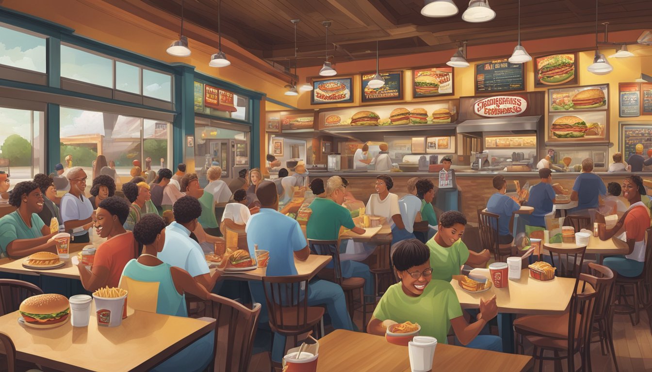 A crowded Fuddruckers restaurant with people eating burgers and fries, while a few individuals opt for salads and grilled chicken sandwiches