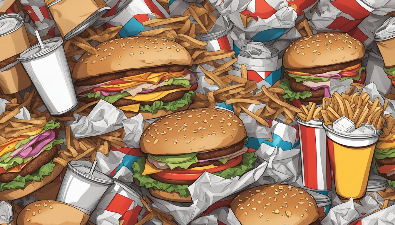 A greasy, oversized Jack in the Box burger sits next to a pile of empty soda cups and crumpled wrappers, surrounded by discarded fast food packaging