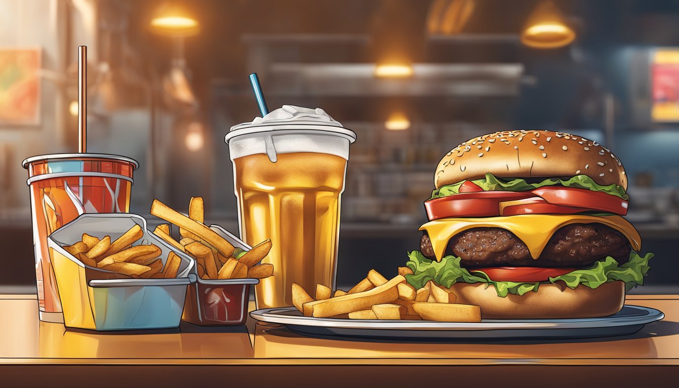 A greasy burger and fries sit next to a large soda. A deep fryer sizzles in the background