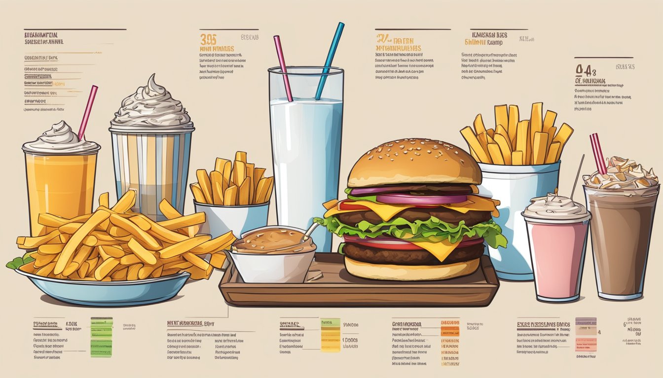 A table with a spread of fast food items: burgers, fries, and milkshakes, with nutritional information displayed next to each item