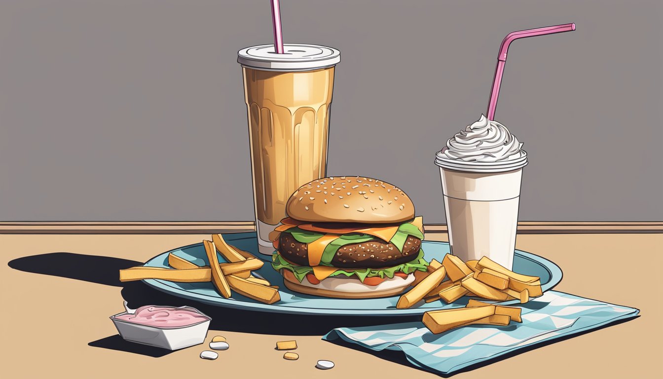 A greasy burger and fries sit next to a sugary milkshake on a tray. A discarded wrapper and empty soda cup litter the table