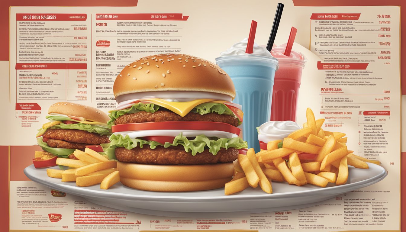 A table filled with Red Robin menu items, showcasing a variety of burgers, fries, and milkshakes, with nutritional information displayed next to each item