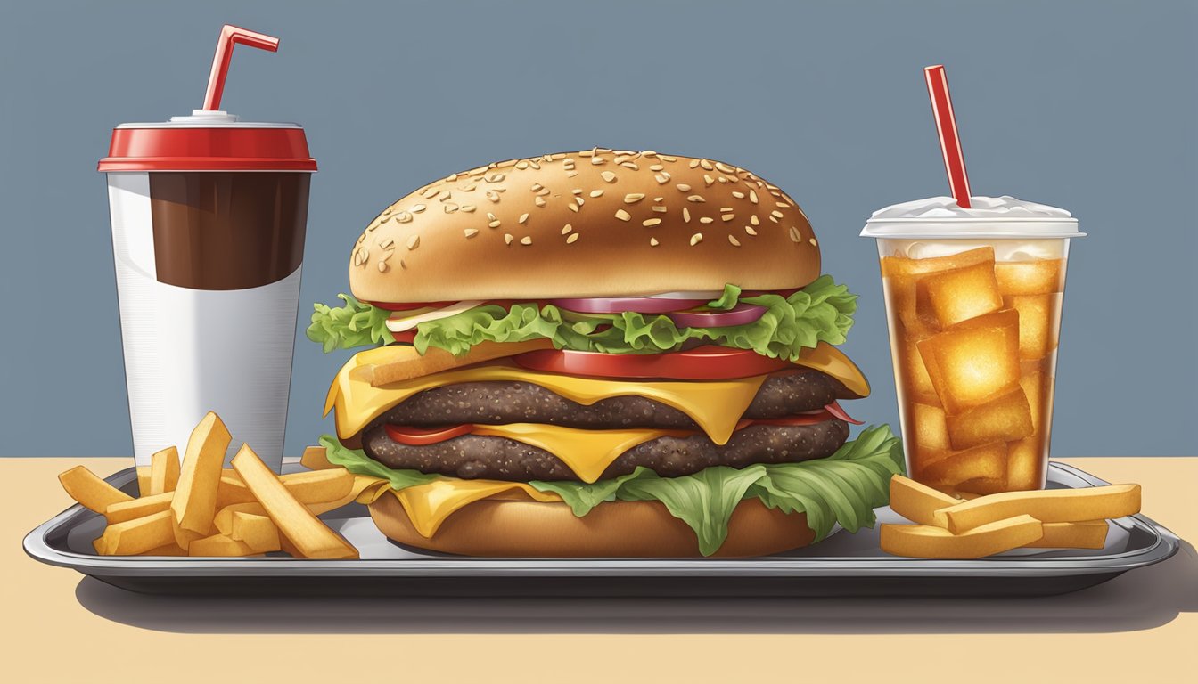 A greasy burger and fries sit next to a large soda, all in oversized portions, on a fast food tray