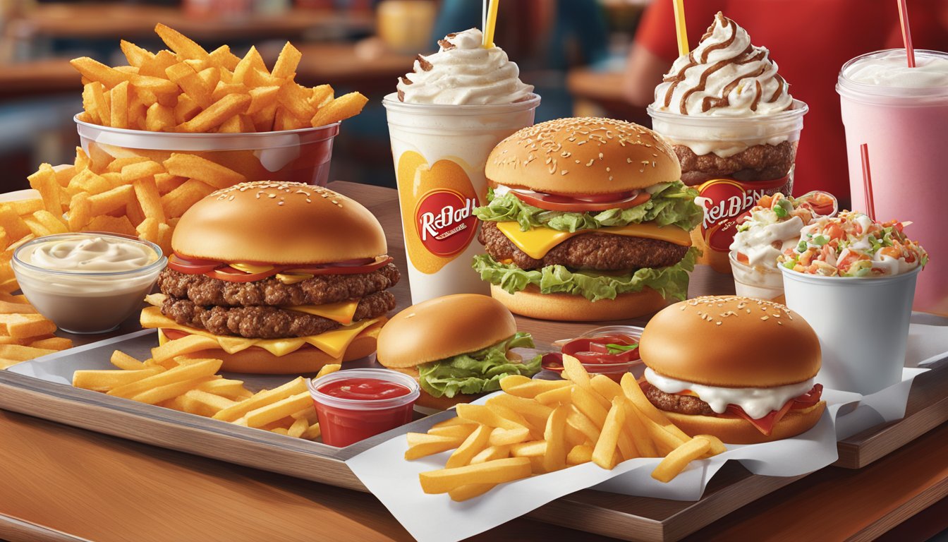 A table filled with oversized burgers, loaded fries, and milkshakes at Red Robin, showcasing the high-calorie menu items and unhealthy options