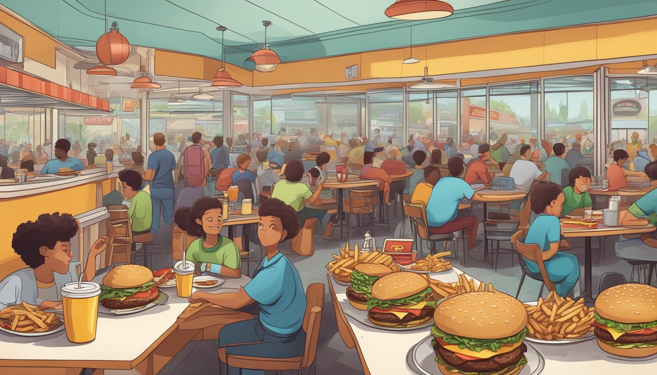 A crowded fast food restaurant with greasy burgers and oversized sodas on every table