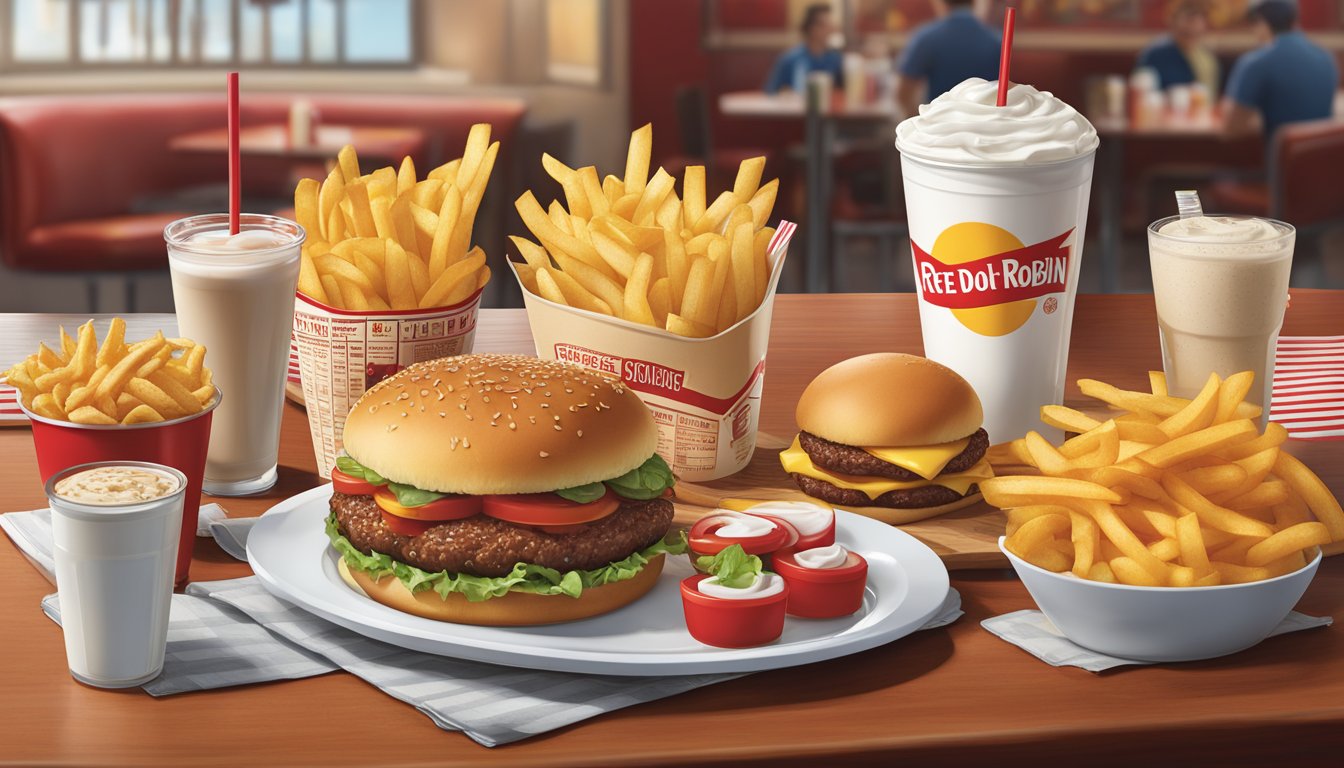 A table set with Red Robin menu items, including burgers, fries, and milkshakes, with a nutrition label showing high calorie and fat content