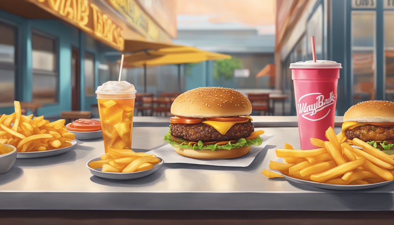 A table set with greasy burgers, fries, and sugary drinks at Wayback Burgers