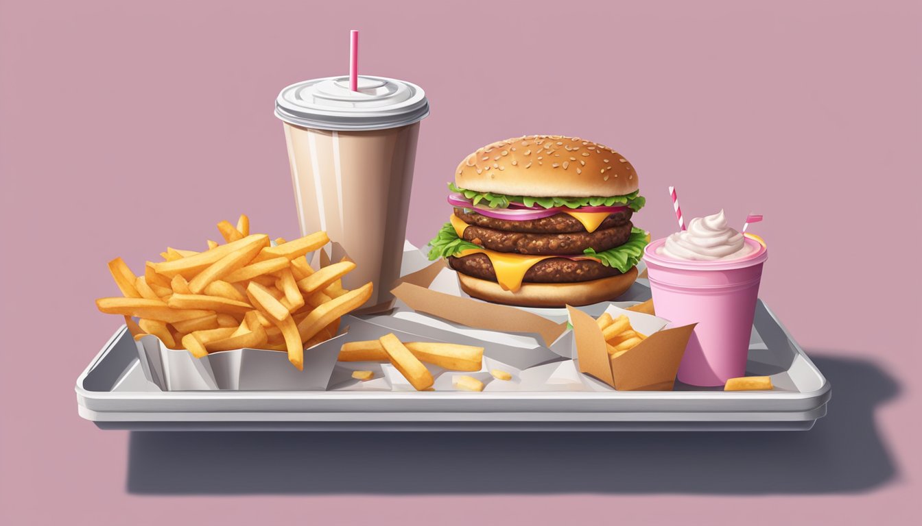 A greasy burger and fries sit next to a sugary milkshake on a fast food tray. Empty wrappers and cups litter the table