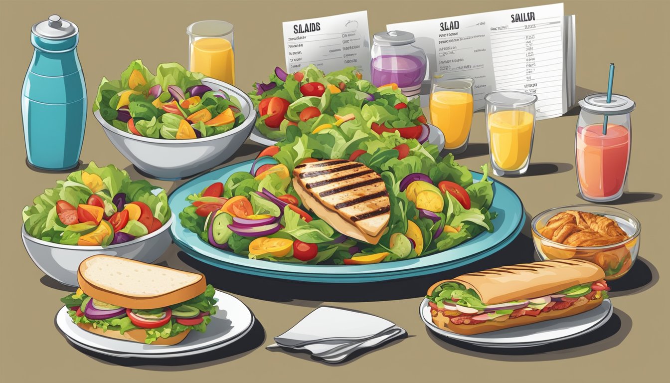 A table set with fresh, colorful salads and grilled chicken sandwiches, alongside a menu showing calorie counts for each item