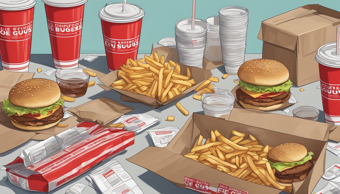 A table with greasy Five Guys burgers, fries, and sodas, surrounded by empty wrappers and cups. A scale and a cholesterol test kit sit nearby