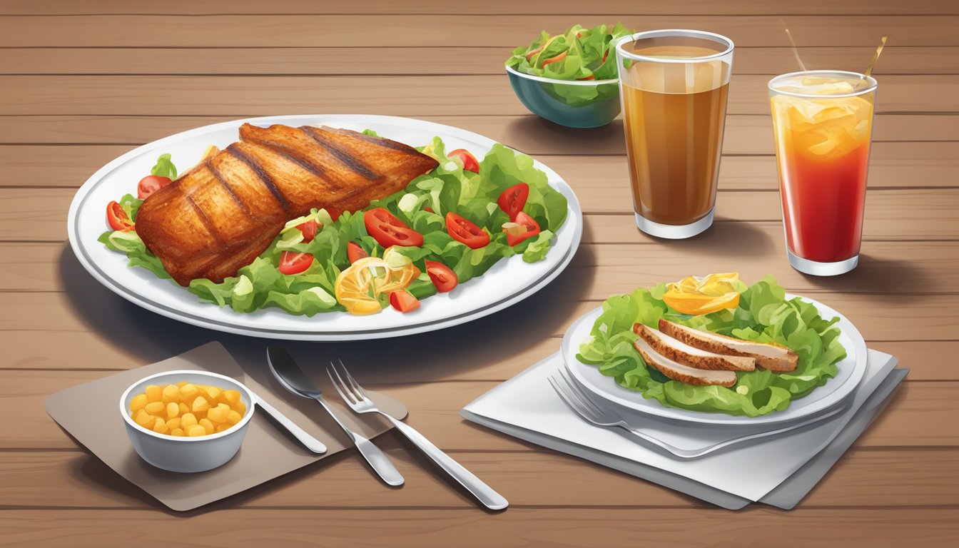 A table with a plate of high-calorie Red Robin food being replaced with a healthier option like a salad or grilled chicken