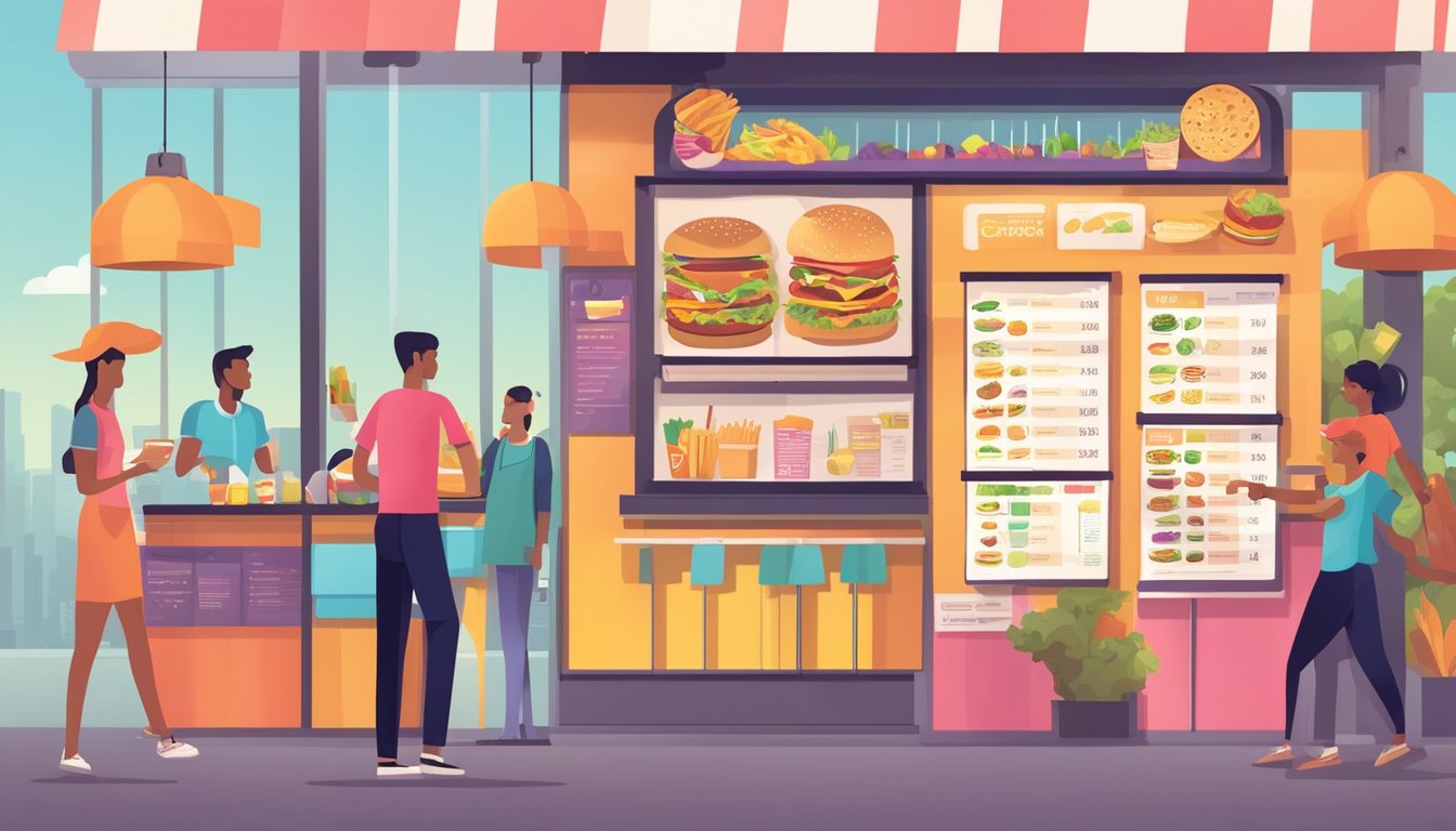 A colorful fast food restaurant with a menu board showing calorie counts and nutritional information. Customers are choosing from healthier options