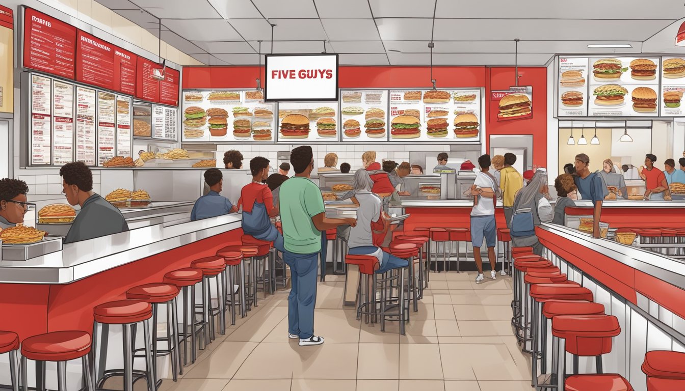 A crowded Five Guys restaurant with customers ordering and eating burgers and fries, while calorie counts are displayed on the menu boards