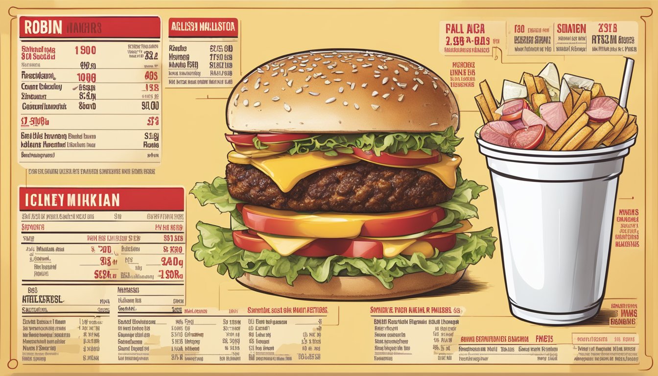 A table with a variety of Red Robin menu items, including burgers, fries, and milkshakes. Nutritional information and calorie counts displayed prominently