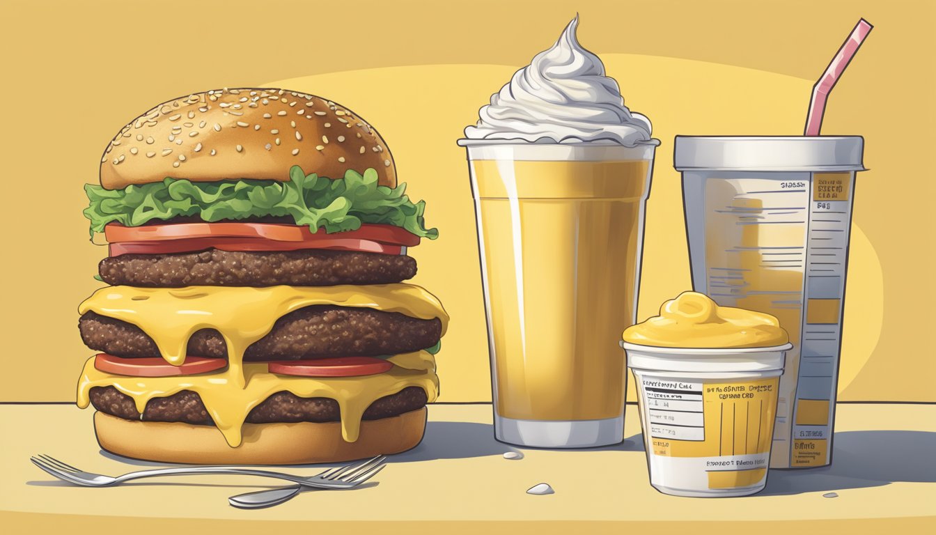 A towering burger and overflowing custard shake sit next to a nutrition label showing high fat and calorie counts