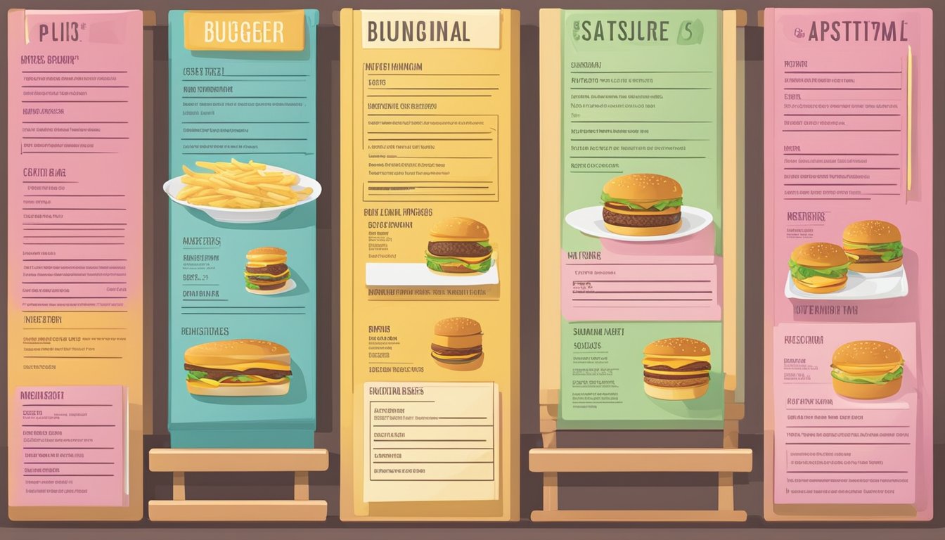 A colorful menu board displays various burger and custard options, with nutritional information listed alongside each item