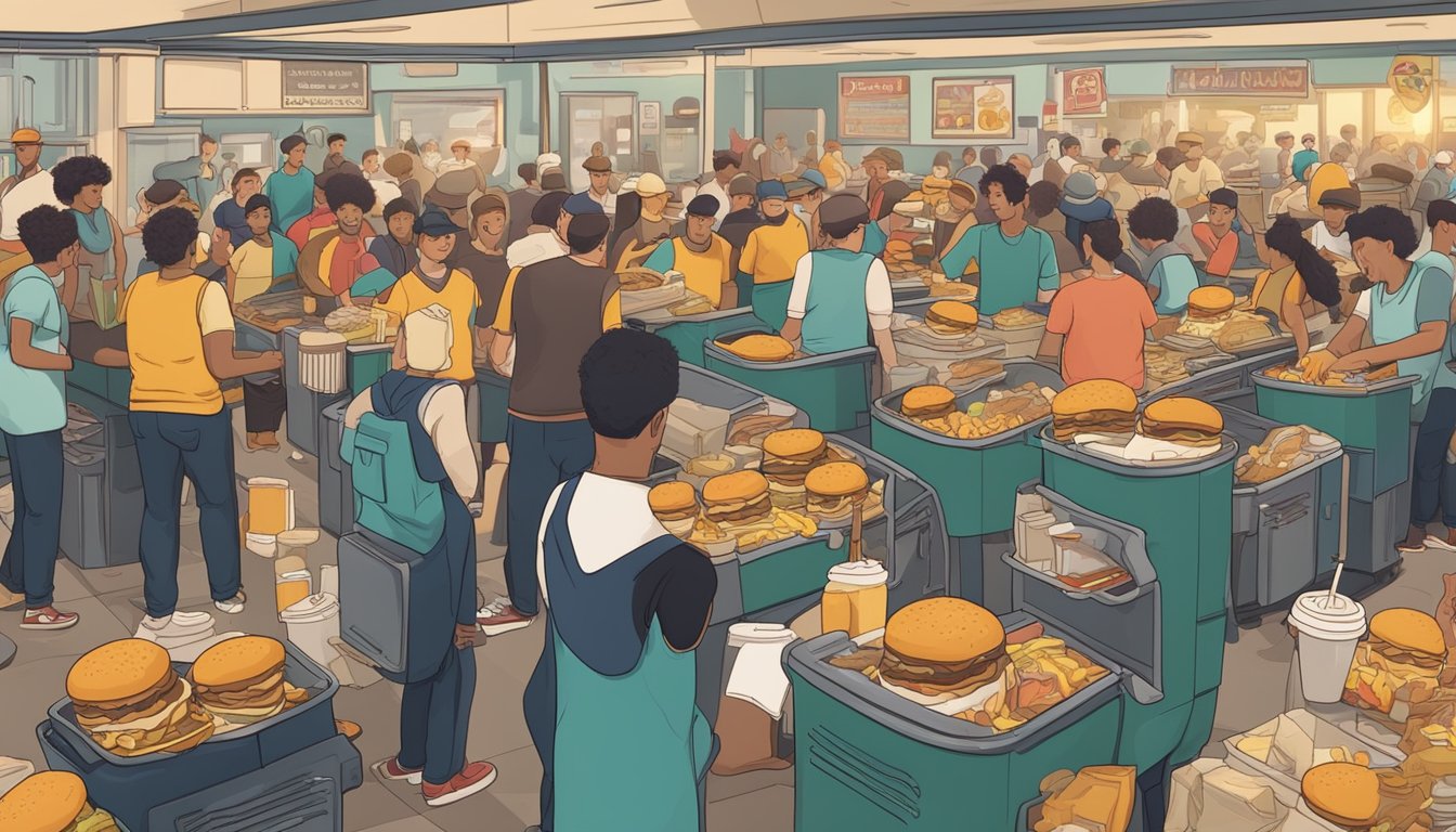 A crowded fast-food restaurant with greasy burgers and sugary custard, surrounded by overflowing trash bins and unhappy customers