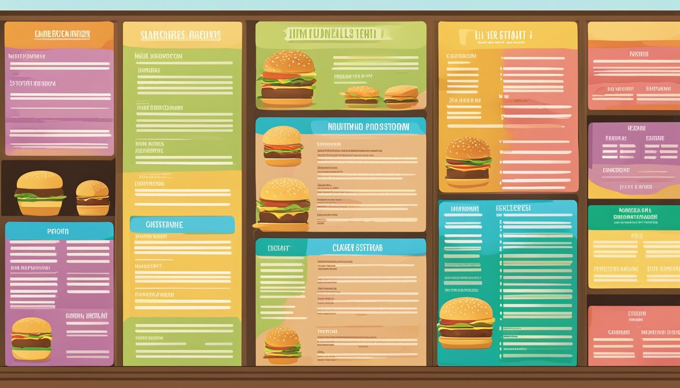 A colorful menu board displays various burger and custard options, with nutritional information listed alongside each item