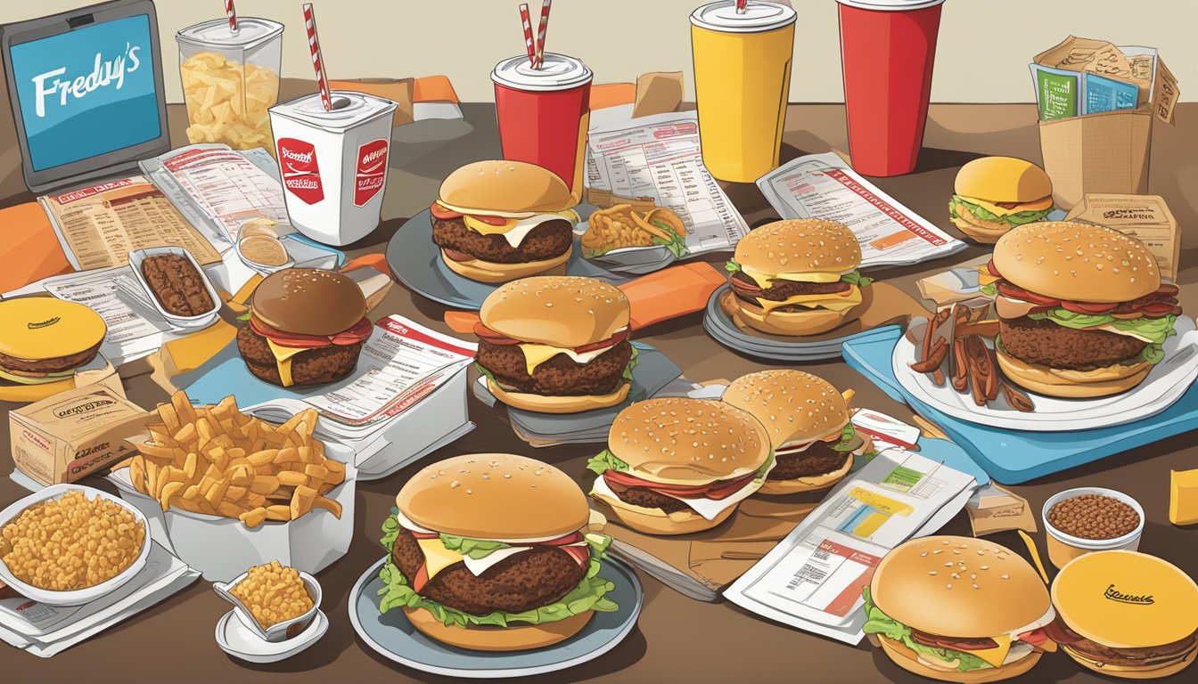 A table with a spread of Freddy's Frozen Custard & Steakburgers menu items, surrounded by nutrition labels and a calculator